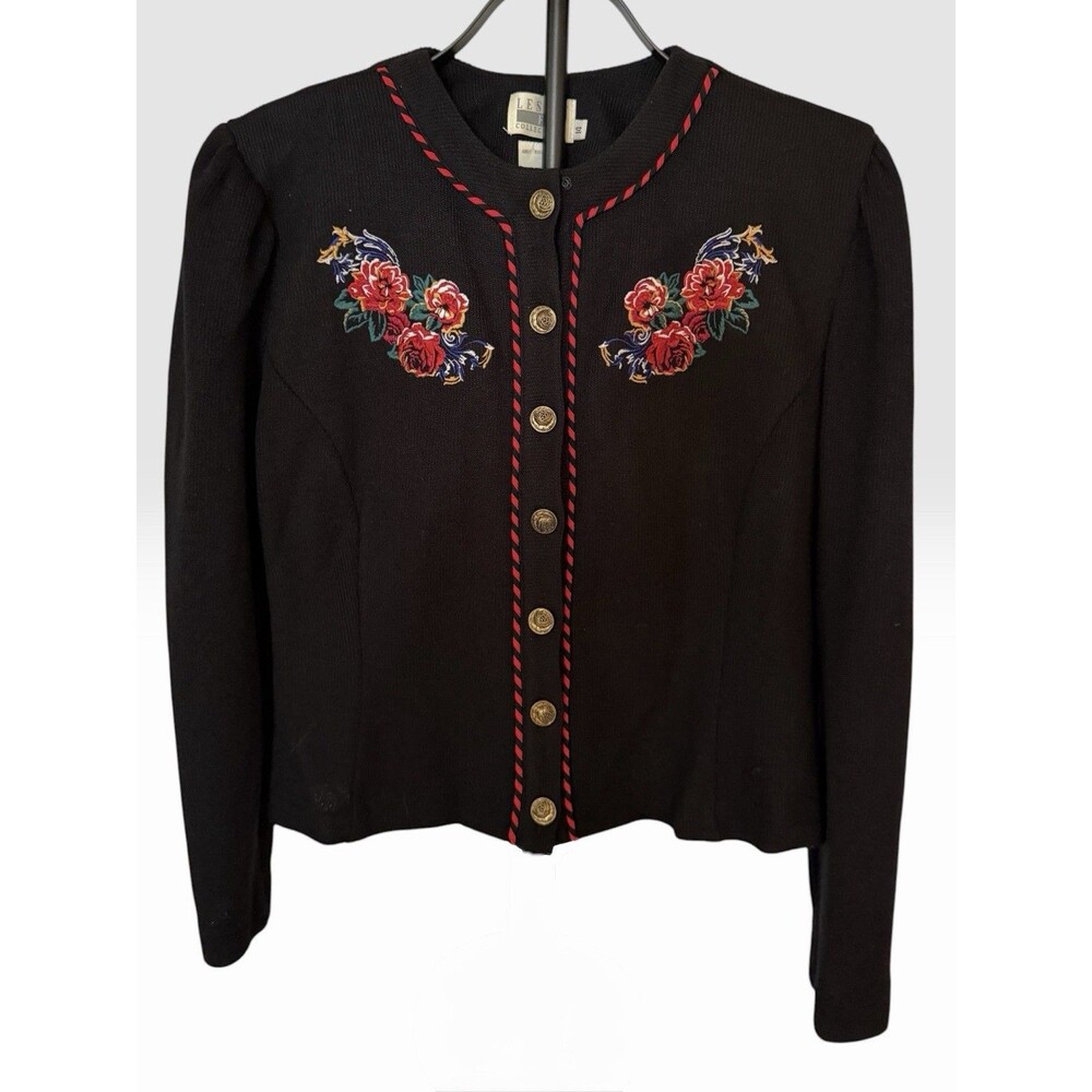 Vintage 90s Leslie Fay Embroidered Floral Cardigan Sweater Gold Buttons Sz 14